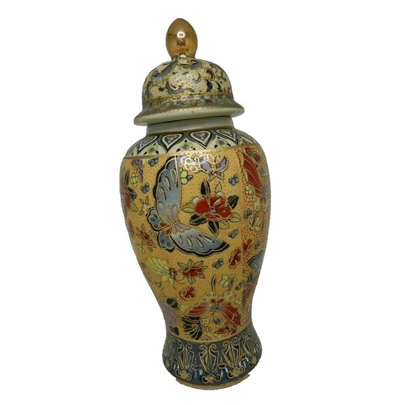 Garden Ridge Porcelain Vase with Lid Hand painted Butterflies & Flowers 11.75"H - Picture 3 of 15